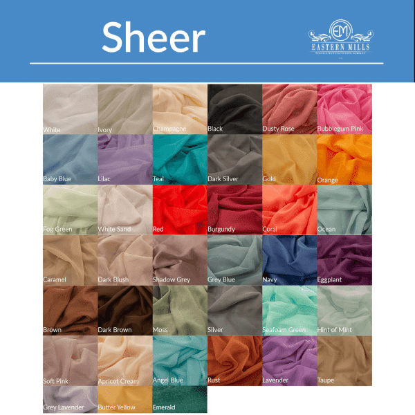 *FR* Sheer Voile Fabric by Eastern Mills By The Yard – 10FT Wide – Choice of Colors | Rental