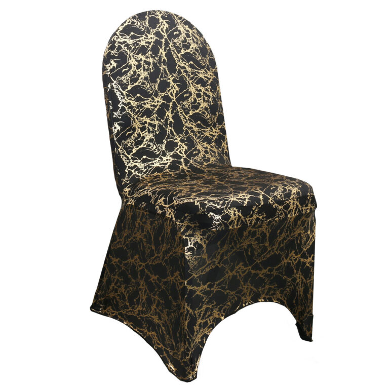 Stretch Spandex Banquet Chair Cover Black With Gold Marbling | Rental