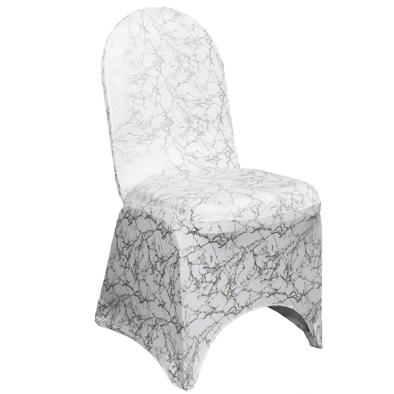 Stretch Spandex Banquet Chair Cover White With Silver Marbling | Rental Stretch Spandex Banquet Chair Cover White With Silver Marbling | Rental